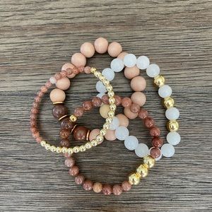 Brand new custom made gemstone, wood, and gold plated bracelet stack